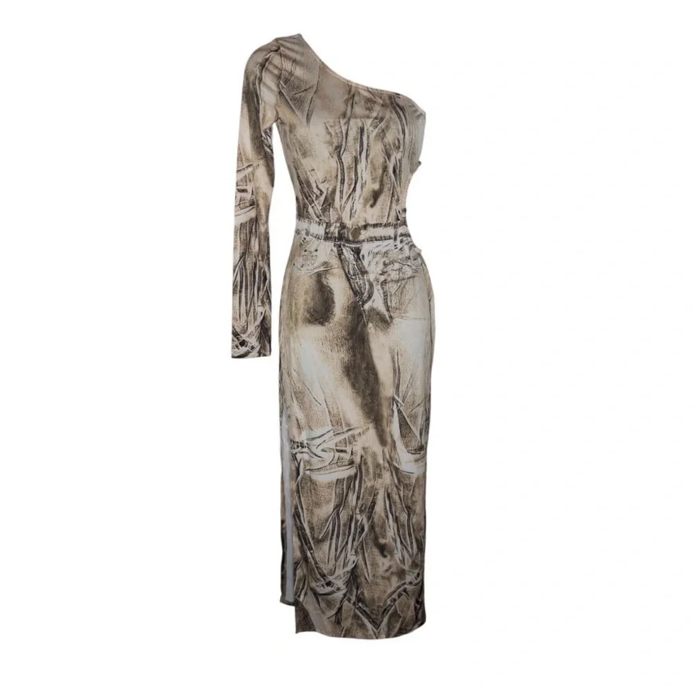 PrettyLittleThing- Midi Dress One-Shoulder Abstract Cut Out Taupe- US 8 NWT - Picture 3 of 6